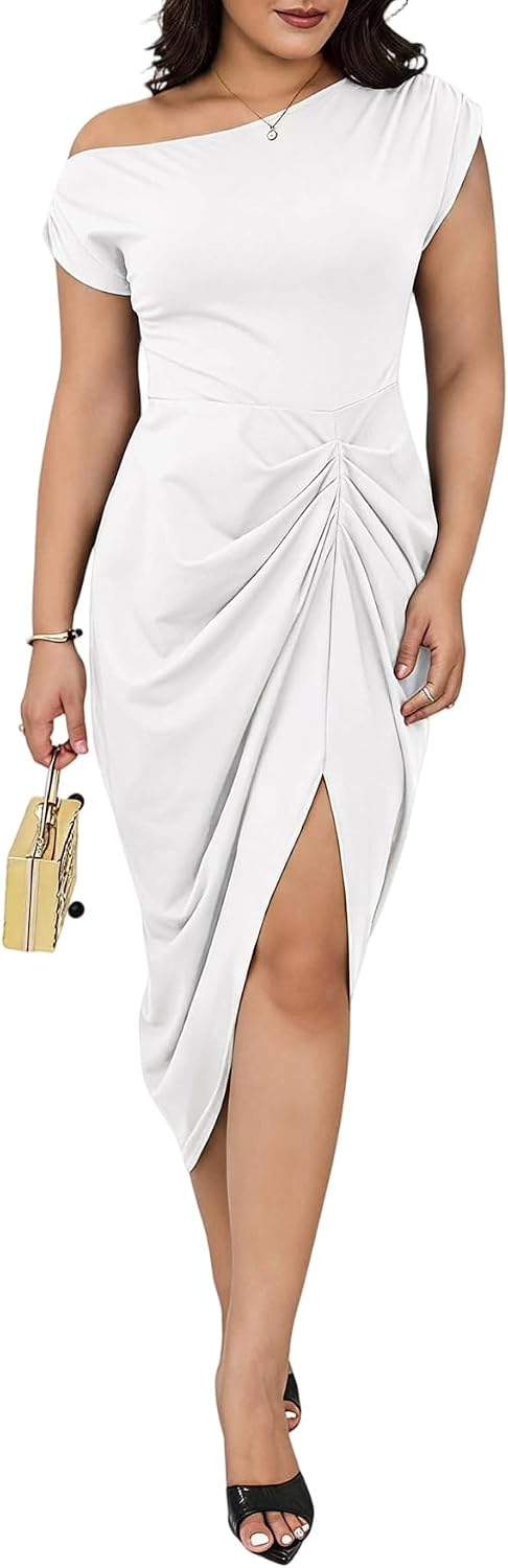 Floerns Women's Plus Size Asymmetrical Neck Ruched Slit Hem Cocktail Dress | Plus Size Cocktail Dress, Wedding Guest Dress, Formal Dress, Elegant Dress, Birthday Dress