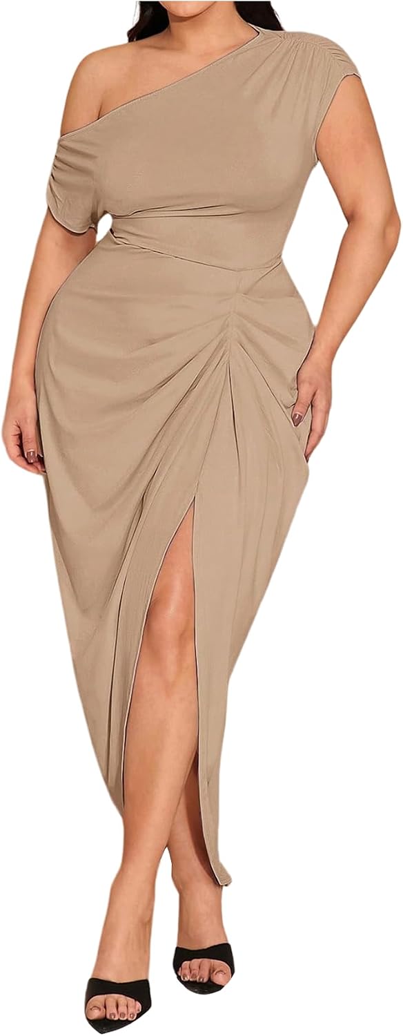 Floerns Women's Plus Size Asymmetrical Neck Ruched Slit Hem Cocktail Dress | Plus Size Cocktail Dress, Wedding Guest Dress, Formal Dress, Elegant Dress, Birthday Dress