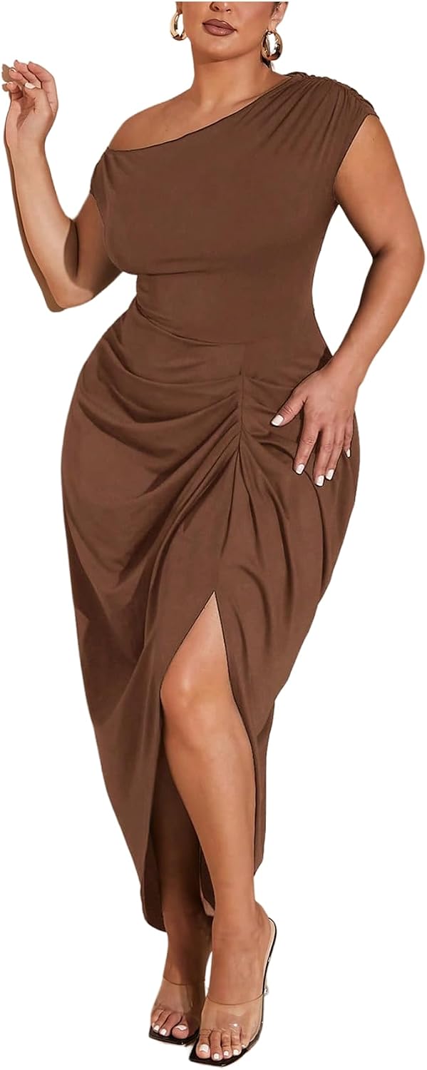 Floerns Women's Plus Size Asymmetrical Neck Ruched Slit Hem Cocktail Dress | Plus Size Cocktail Dress, Wedding Guest Dress, Formal Dress, Elegant Dress, Birthday Dress