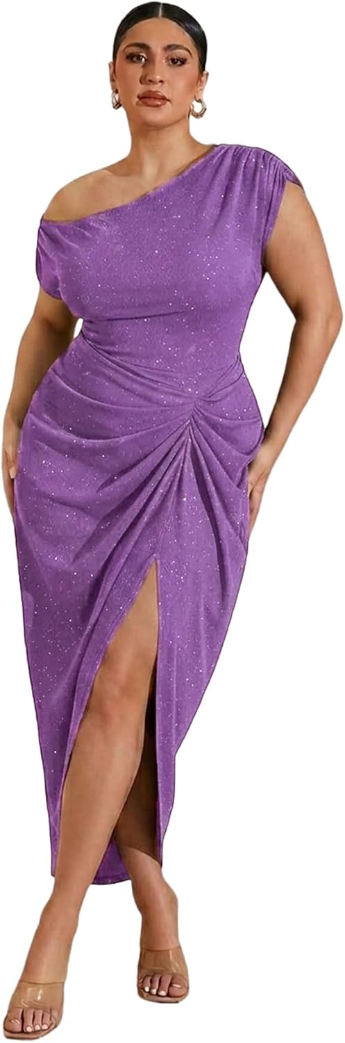 Floerns Women's Plus Size Asymmetrical Neck Ruched Slit Hem Cocktail Dress | Plus Size Cocktail Dress, Wedding Guest Dress, Formal Dress, Elegant Dress, Birthday Dress
