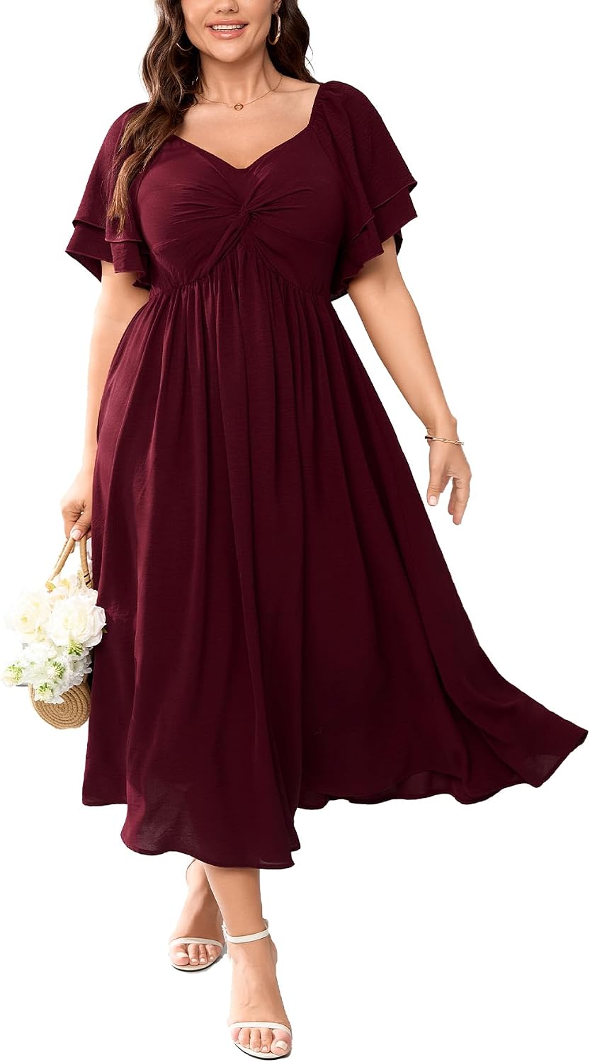 SCOMCHIC Women's Plus Size Cocktail Dress | Wedding Guest Sweetheart Neckline Ruffle Sleeve A Line Maxi Dress
