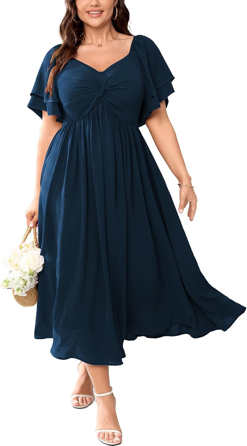 SCOMCHIC Women's Plus Size Cocktail Dress | Wedding Guest Sweetheart Neckline Ruffle Sleeve A Line Maxi Dress