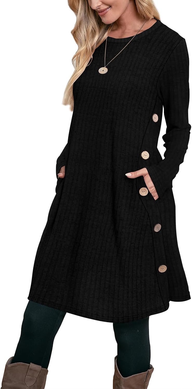 OFEEFAN Fall Dresses for Women 2026 Crew Neck Long Sleeve Dress with Pockets