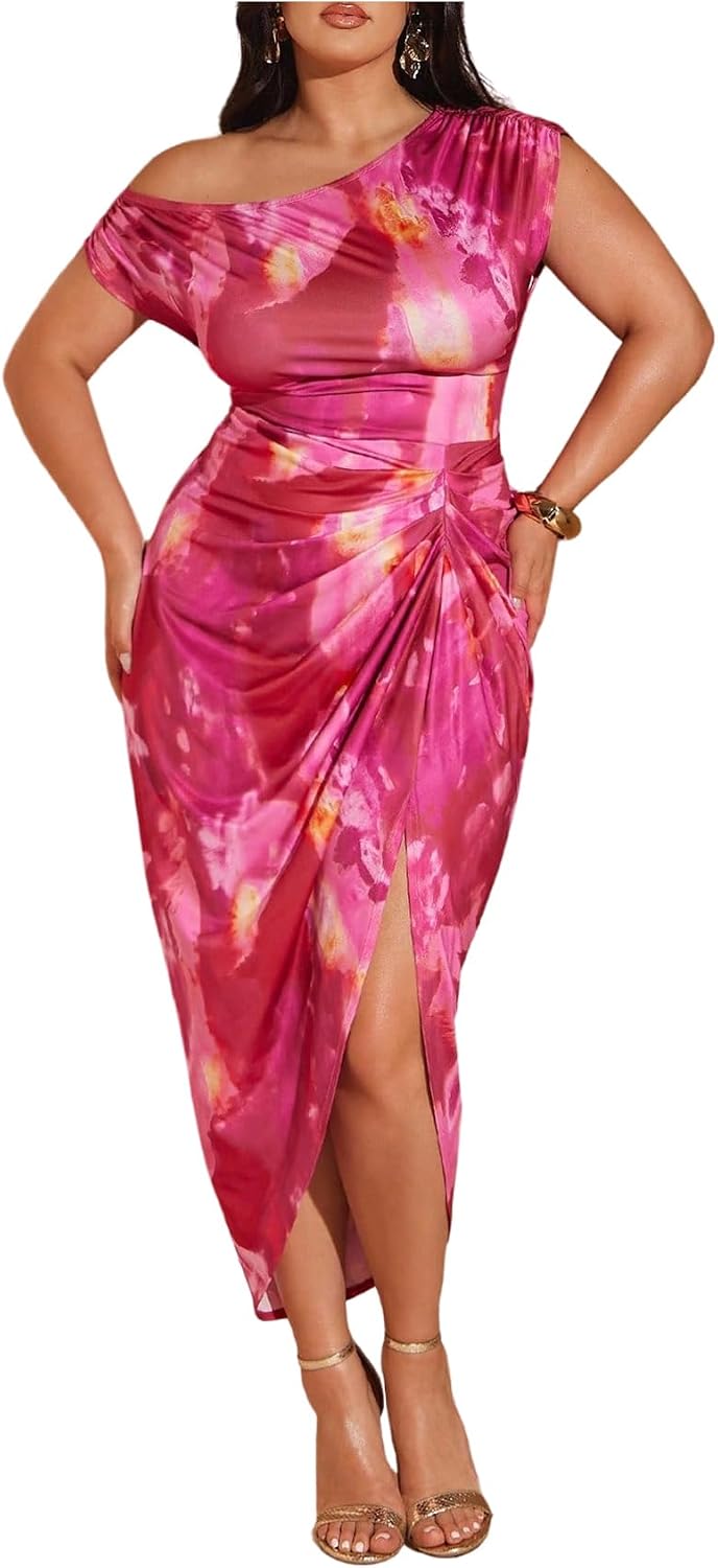 Floerns Women's Plus Size Asymmetrical Neck Ruched Slit Hem Cocktail Dress | Plus Size Cocktail Dress, Wedding Guest Dress, Formal Dress, Elegant Dress, Birthday Dress