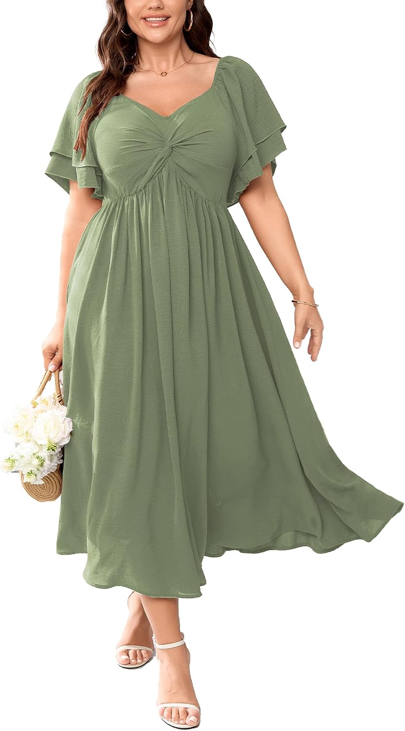 SCOMCHIC Women's Plus Size Cocktail Dress | Wedding Guest Sweetheart Neckline Ruffle Sleeve A Line Maxi Dress