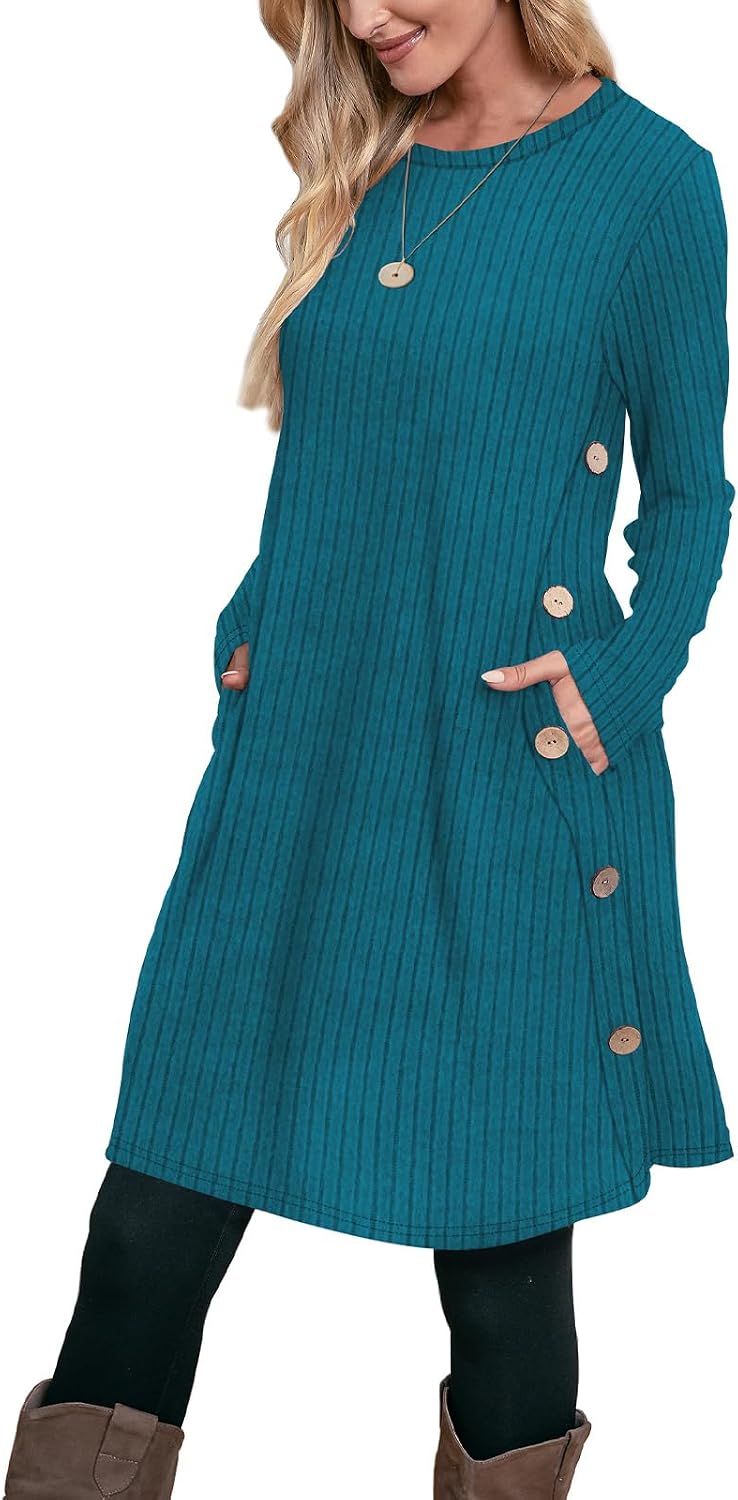 OFEEFAN Fall Dresses for Women 2026 Crew Neck Long Sleeve Dress with Pockets