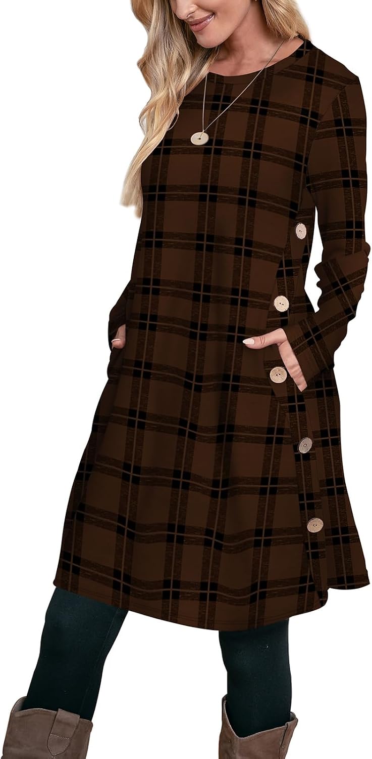 OFEEFAN Fall Dresses for Women 2026 Crew Neck Long Sleeve Dress with Pockets