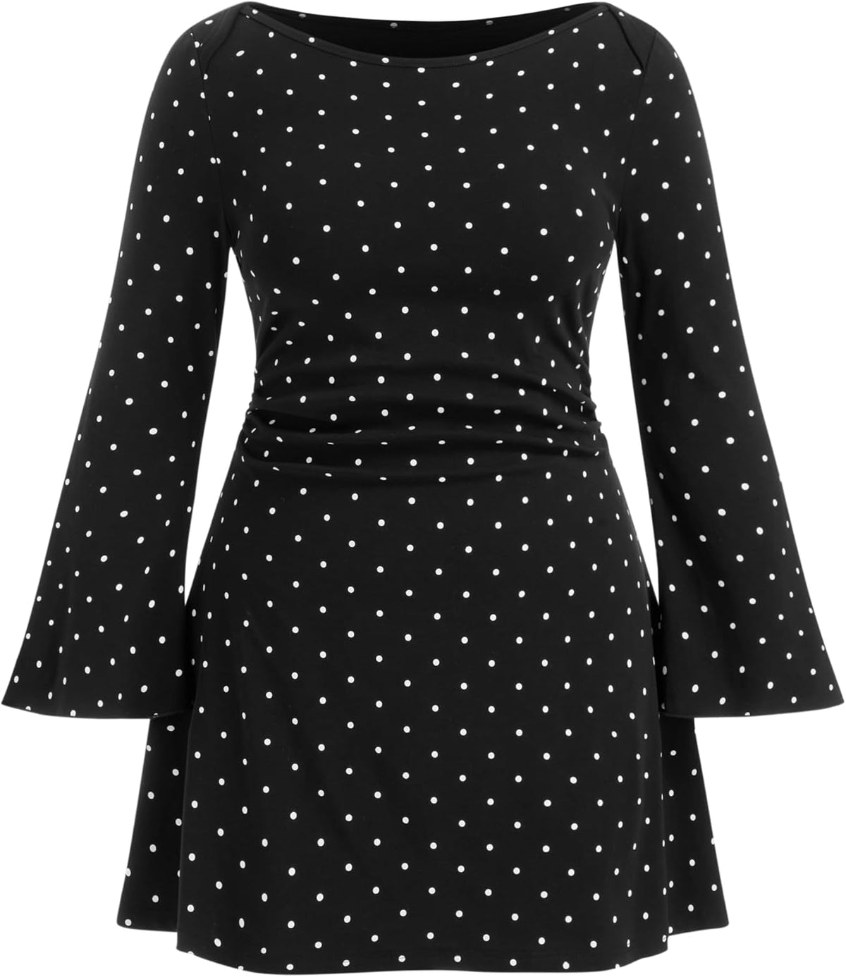 CIDER Cotton-Blend Boat Neck Polka Dot Ruched Bell Sleeve Mini Dress Curve & Plus: Black, 3XL