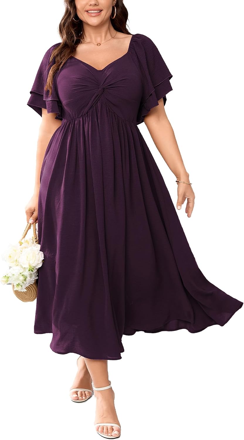 SCOMCHIC Women's Plus Size Cocktail Dress | Wedding Guest Sweetheart Neckline Ruffle Sleeve A Line Maxi Dress