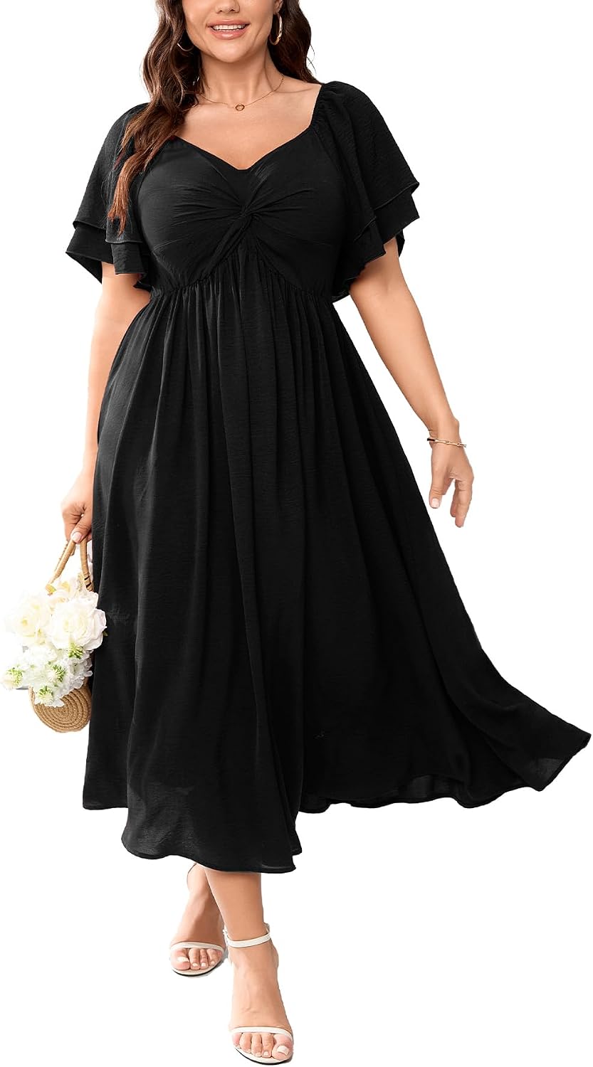 SCOMCHIC Women's Plus Size Cocktail Dress | Wedding Guest Sweetheart Neckline Ruffle Sleeve A Line Maxi Dress