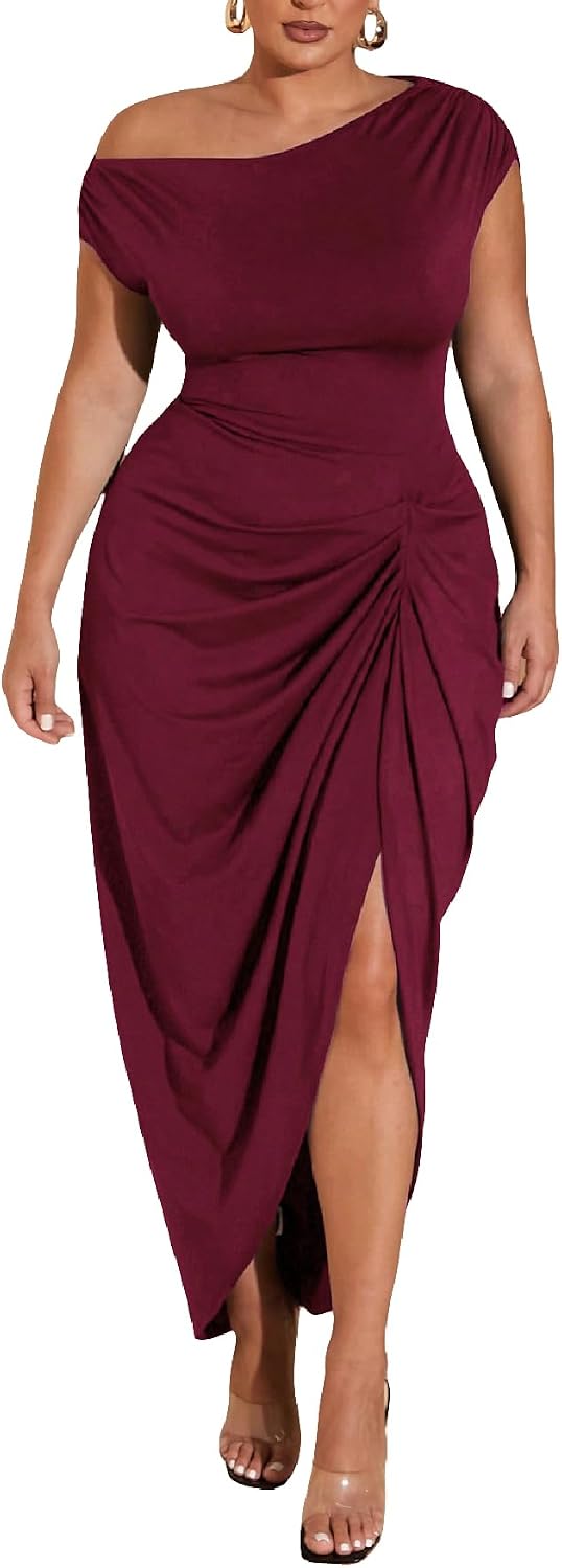 Floerns Women's Plus Size Asymmetrical Neck Ruched Slit Hem Cocktail Dress | Plus Size Cocktail Dress, Wedding Guest Dress, Formal Dress, Elegant Dress, Birthday Dress