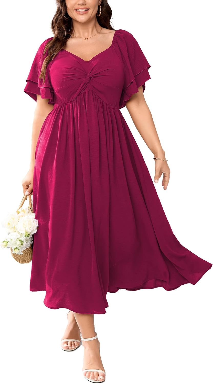 SCOMCHIC Women's Plus Size Cocktail Dress | Wedding Guest Sweetheart Neckline Ruffle Sleeve A Line Maxi Dress
