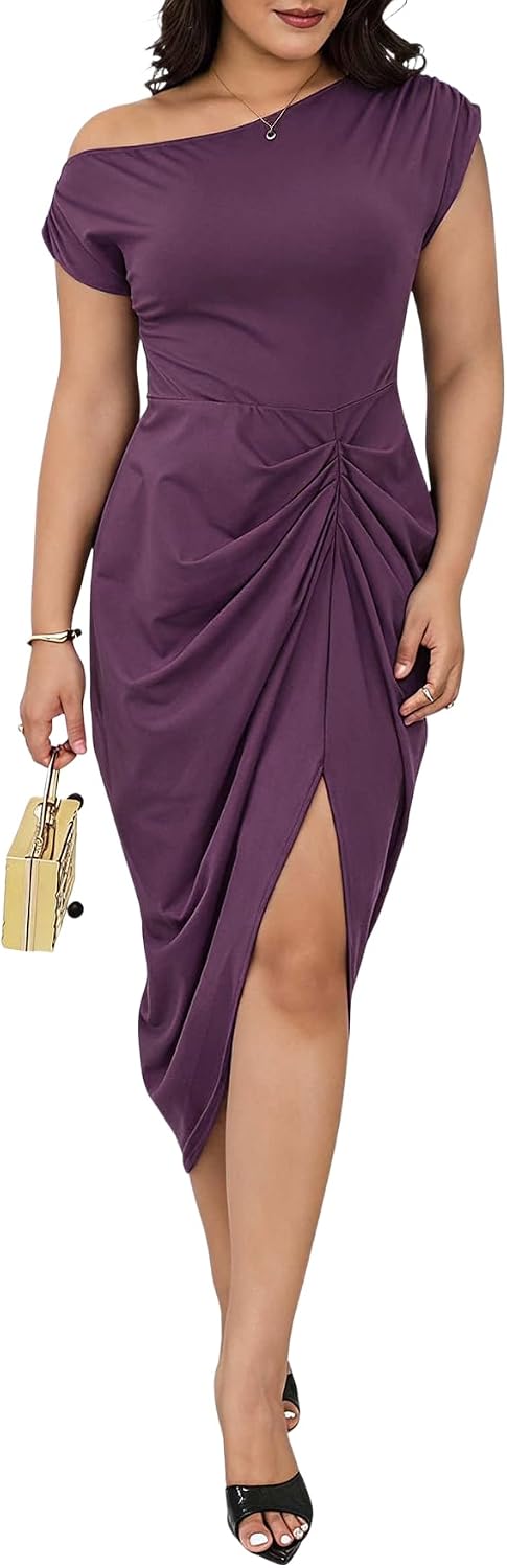 Floerns Women's Plus Size Asymmetrical Neck Ruched Slit Hem Cocktail Dress | Plus Size Cocktail Dress, Wedding Guest Dress, Formal Dress, Elegant Dress, Birthday Dress