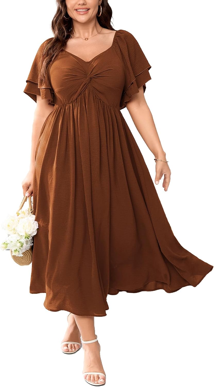 SCOMCHIC Women's Plus Size Cocktail Dress | Wedding Guest Sweetheart Neckline Ruffle Sleeve A Line Maxi Dress