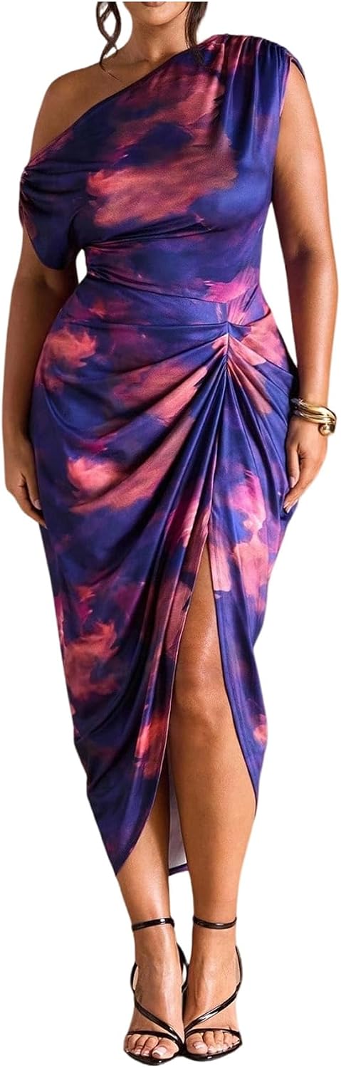 Floerns Women's Plus Size Asymmetrical Neck Ruched Slit Hem Cocktail Dress | Plus Size Cocktail Dress, Wedding Guest Dress, Formal Dress, Elegant Dress, Birthday Dress