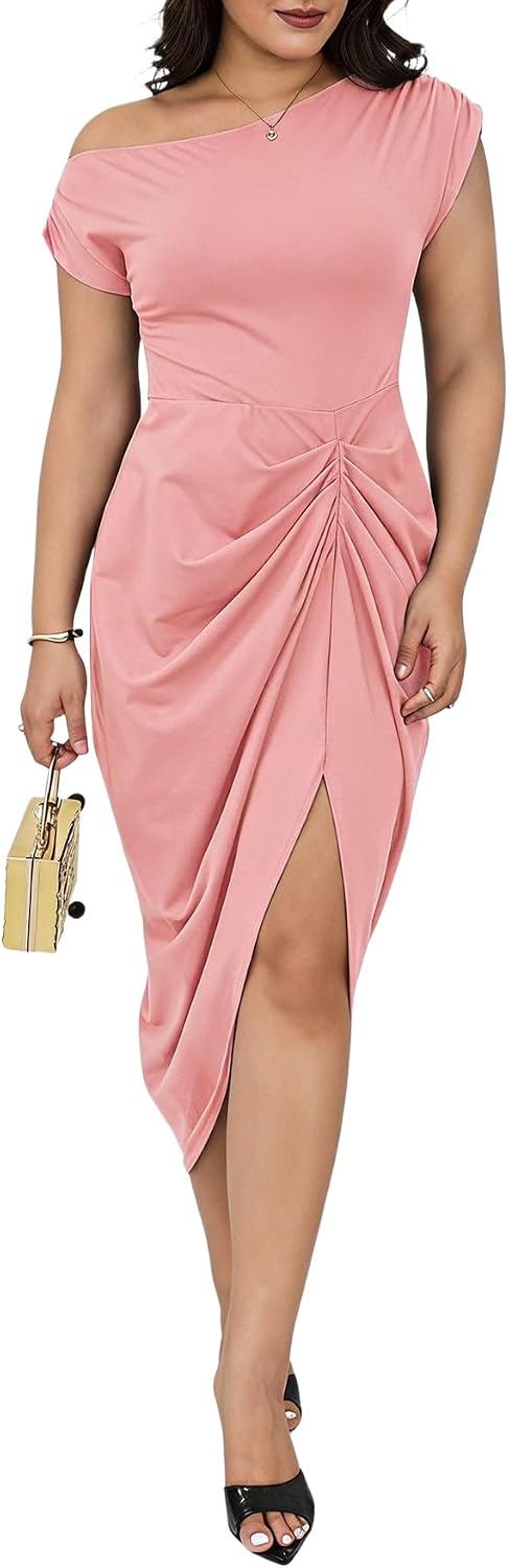 Floerns Women's Plus Size Asymmetrical Neck Ruched Slit Hem Cocktail Dress | Plus Size Cocktail Dress, Wedding Guest Dress, Formal Dress, Elegant Dress, Birthday Dress