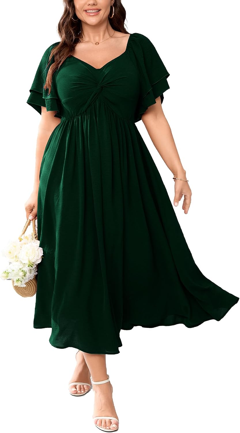 SCOMCHIC Women's Plus Size Cocktail Dress | Wedding Guest Sweetheart Neckline Ruffle Sleeve A Line Maxi Dress