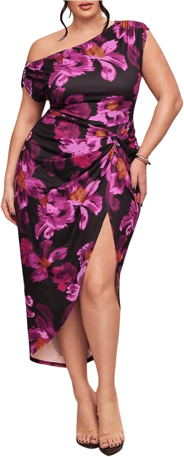 Floerns Women's Plus Size Asymmetrical Neck Ruched Slit Hem Cocktail Dress | Plus Size Cocktail Dress, Wedding Guest Dress, Formal Dress, Elegant Dress, Birthday Dress