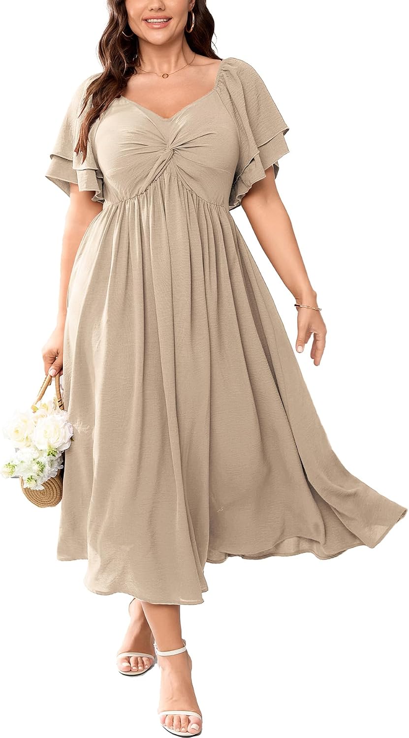 SCOMCHIC Women's Plus Size Cocktail Dress | Wedding Guest Sweetheart Neckline Ruffle Sleeve A Line Maxi Dress