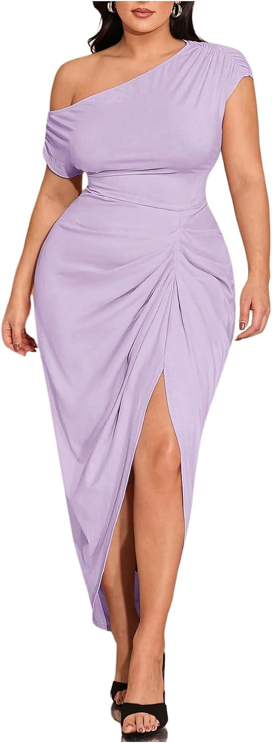 Floerns Women's Plus Size Asymmetrical Neck Ruched Slit Hem Cocktail Dress | Plus Size Cocktail Dress, Wedding Guest Dress, Formal Dress, Elegant Dress, Birthday Dress