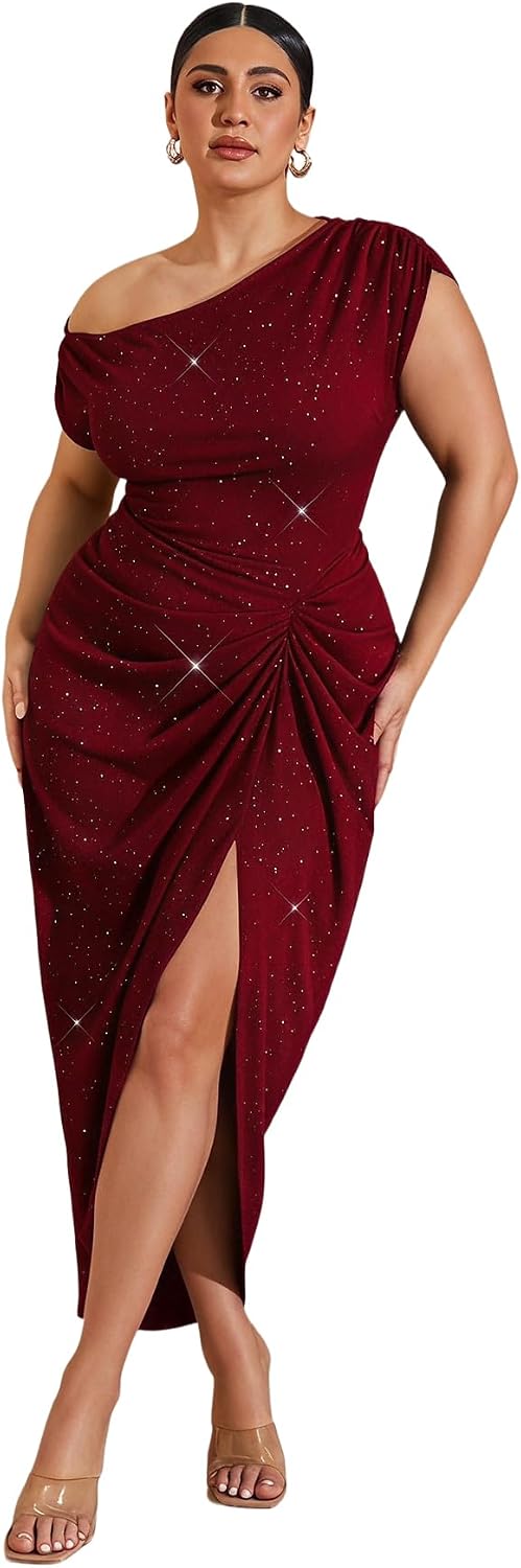 Floerns Women's Plus Size Asymmetrical Neck Ruched Slit Hem Cocktail Dress | Plus Size Cocktail Dress, Wedding Guest Dress, Formal Dress, Elegant Dress, Birthday Dress