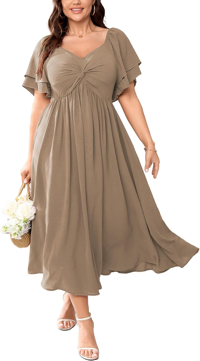 SCOMCHIC Women's Plus Size Cocktail Dress | Wedding Guest Sweetheart Neckline Ruffle Sleeve A Line Maxi Dress