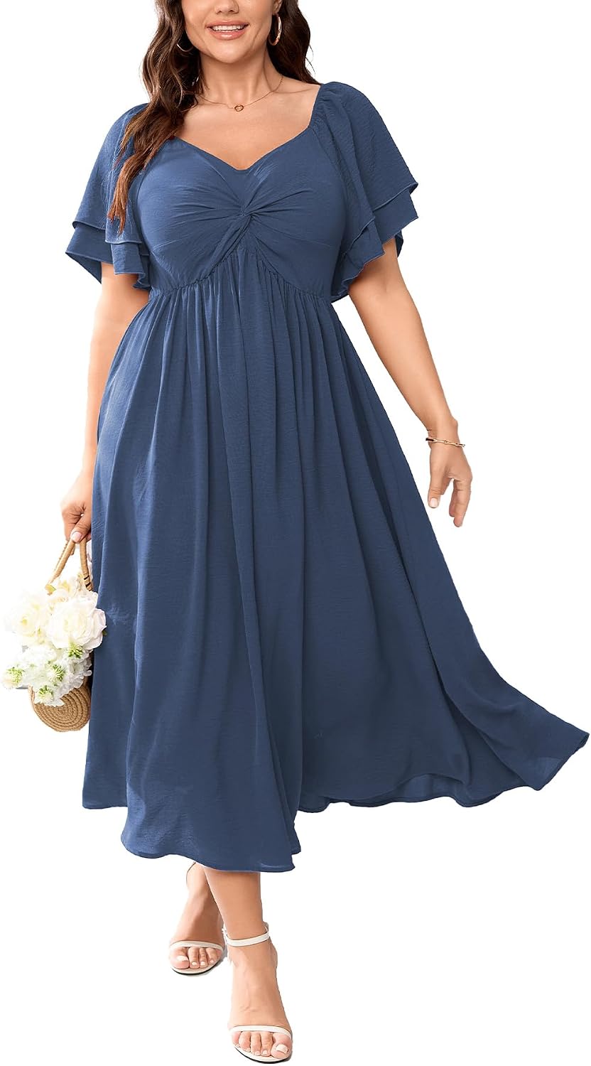 SCOMCHIC Women's Plus Size Cocktail Dress | Wedding Guest Sweetheart Neckline Ruffle Sleeve A Line Maxi Dress