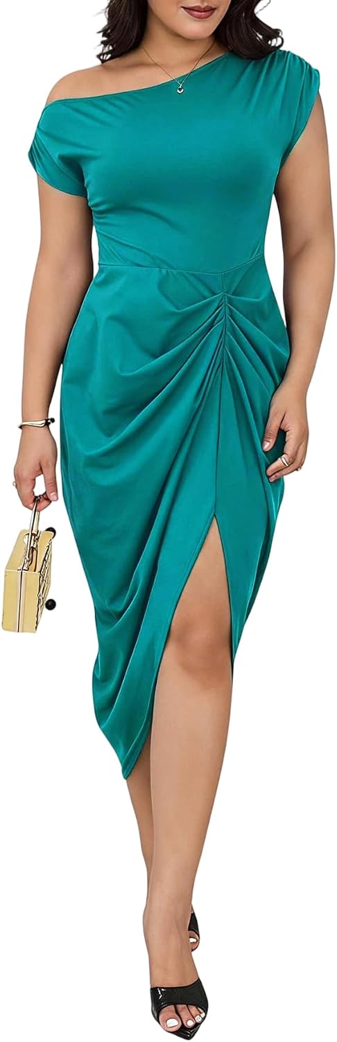 Floerns Women's Plus Size Asymmetrical Neck Ruched Slit Hem Cocktail Dress | Plus Size Cocktail Dress, Wedding Guest Dress, Formal Dress, Elegant Dress, Birthday Dress