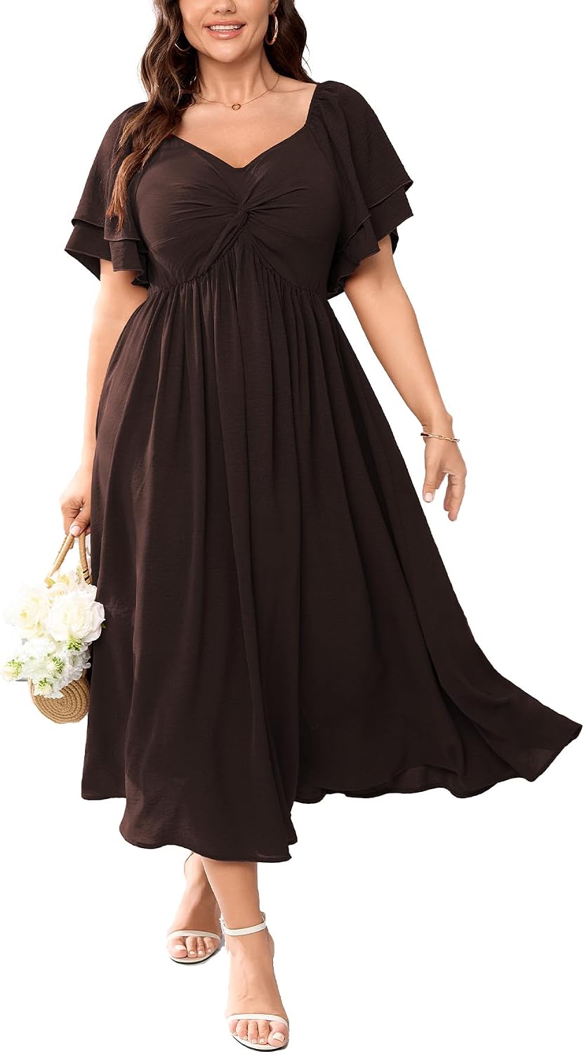 SCOMCHIC Women's Plus Size Cocktail Dress | Wedding Guest Sweetheart Neckline Ruffle Sleeve A Line Maxi Dress