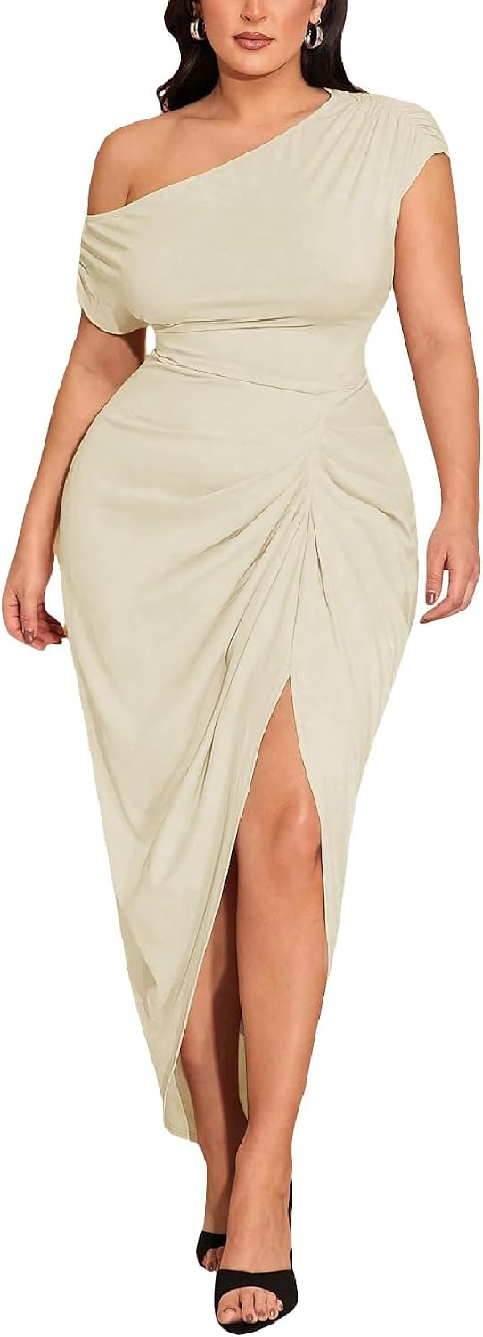 Floerns Women's Plus Size Asymmetrical Neck Ruched Slit Hem Cocktail Dress | Plus Size Cocktail Dress, Wedding Guest Dress, Formal Dress, Elegant Dress, Birthday Dress
