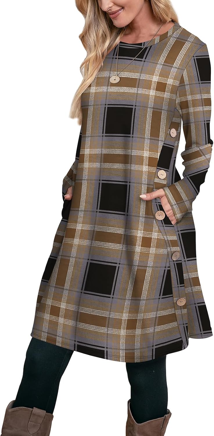 OFEEFAN Fall Dresses for Women 2026 Crew Neck Long Sleeve Dress with Pockets