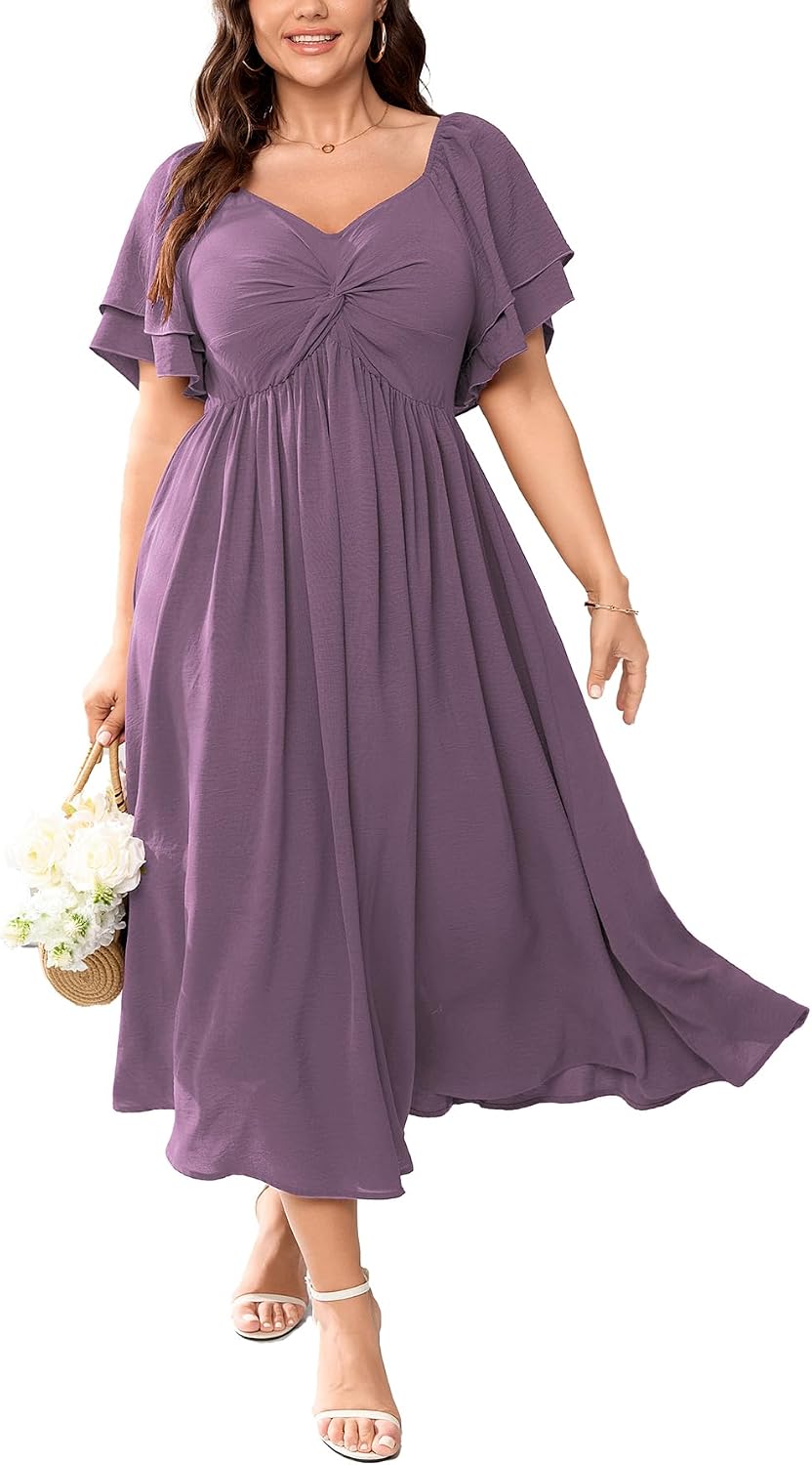 SCOMCHIC Women's Plus Size Cocktail Dress | Wedding Guest Sweetheart Neckline Ruffle Sleeve A Line Maxi Dress