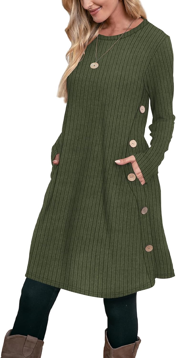 OFEEFAN Fall Dresses for Women 2026 Crew Neck Long Sleeve Dress with Pockets