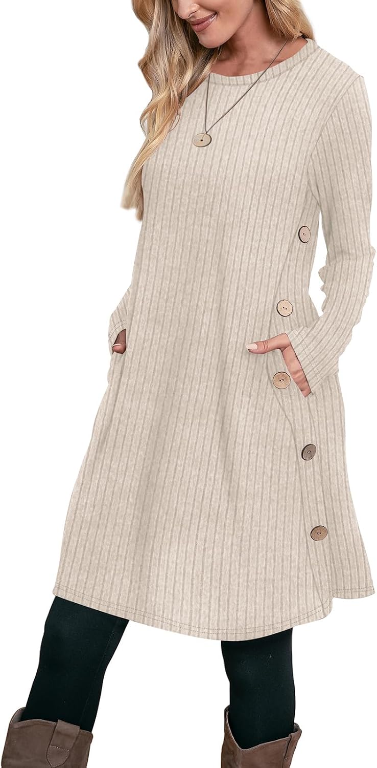 OFEEFAN Fall Dresses for Women 2026 Crew Neck Long Sleeve Dress with Pockets