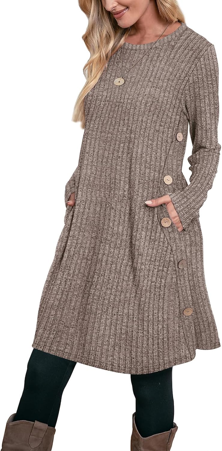 OFEEFAN Fall Dresses for Women 2026 Crew Neck Long Sleeve Dress with Pockets