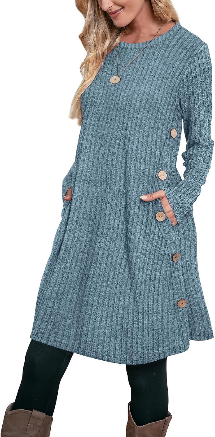 OFEEFAN Fall Dresses for Women 2026 Crew Neck Long Sleeve Dress with Pockets