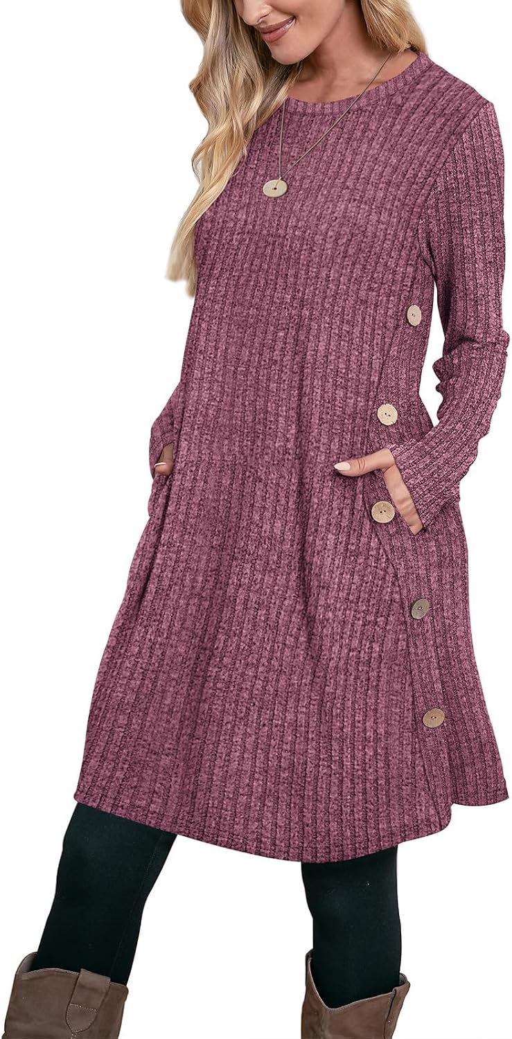 OFEEFAN Fall Dresses for Women 2026 Crew Neck Long Sleeve Dress with Pockets