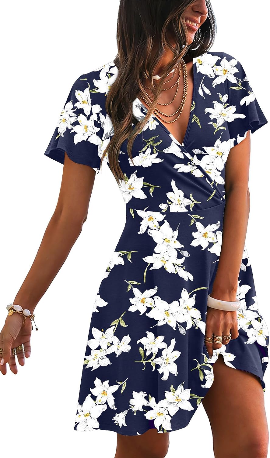 RUMIA Women Casual Dresses Wrap V Neck Dress A-Line Summer Sundress Fashion | Summer Cocktail Dresses Garden Party Outfits Casual Wedding Guest Gowns Graduation Elegant Dinner Dresses