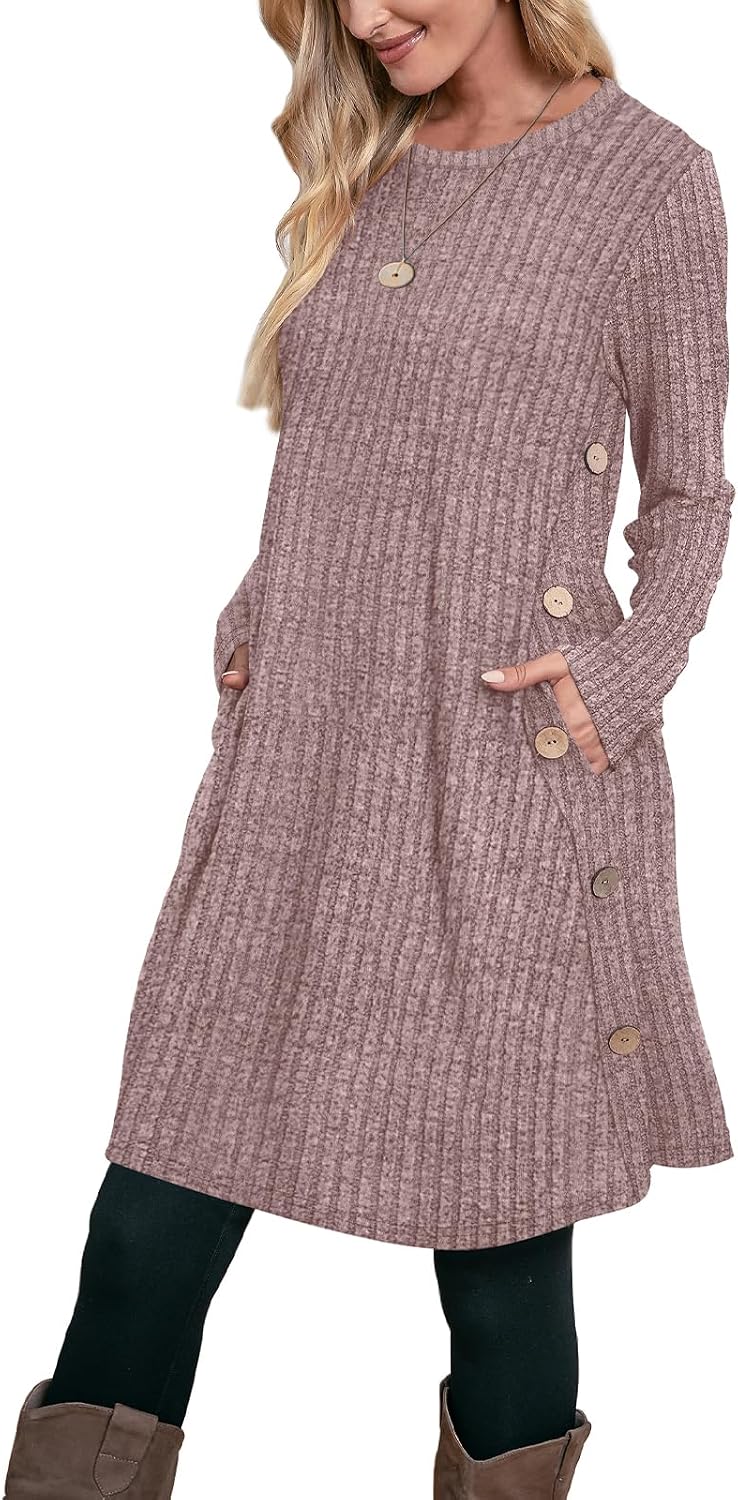 OFEEFAN Fall Dresses for Women 2026 Crew Neck Long Sleeve Dress with Pockets