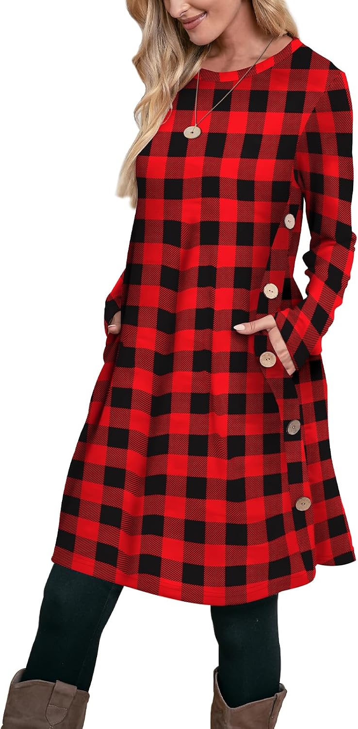 OFEEFAN Fall Dresses for Women 2026 Crew Neck Long Sleeve Dress with Pockets