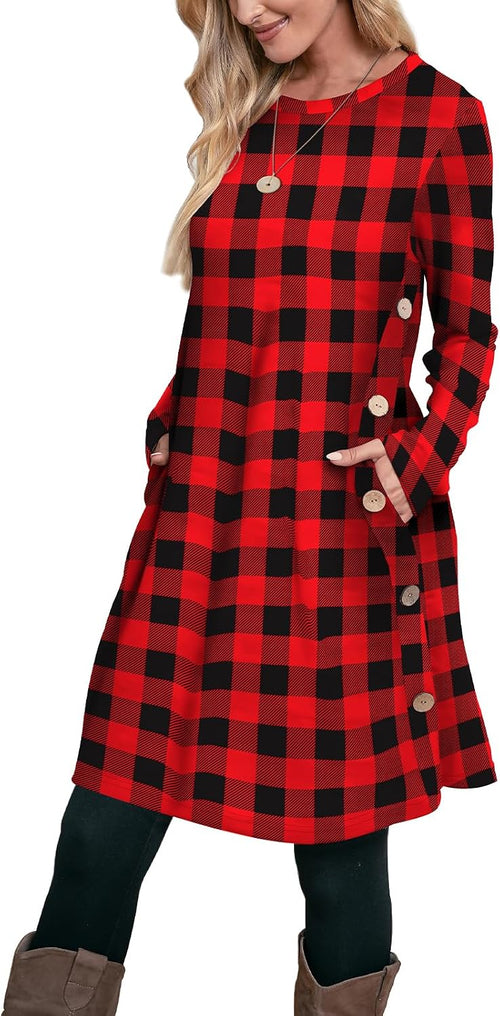 OFEEFAN Fall Dresses for Women 2026 Crew Neck Long Sleeve Dress with Pockets