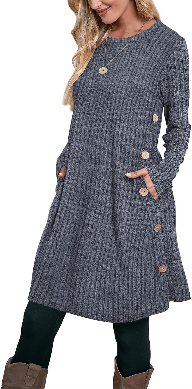 OFEEFAN Fall Dresses for Women 2026 Crew Neck Long Sleeve Dress with Pockets