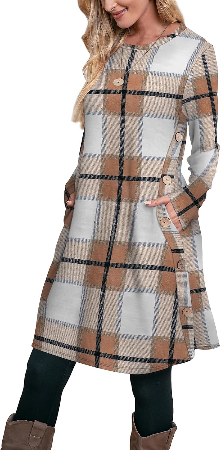 OFEEFAN Fall Dresses for Women 2026 Crew Neck Long Sleeve Dress with Pockets