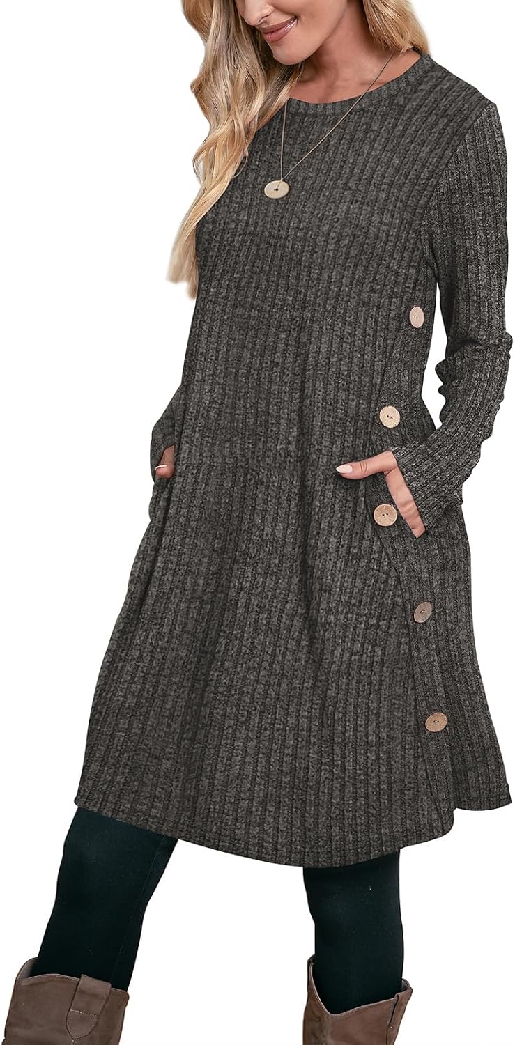 OFEEFAN Fall Dresses for Women 2026 Crew Neck Long Sleeve Dress with Pockets