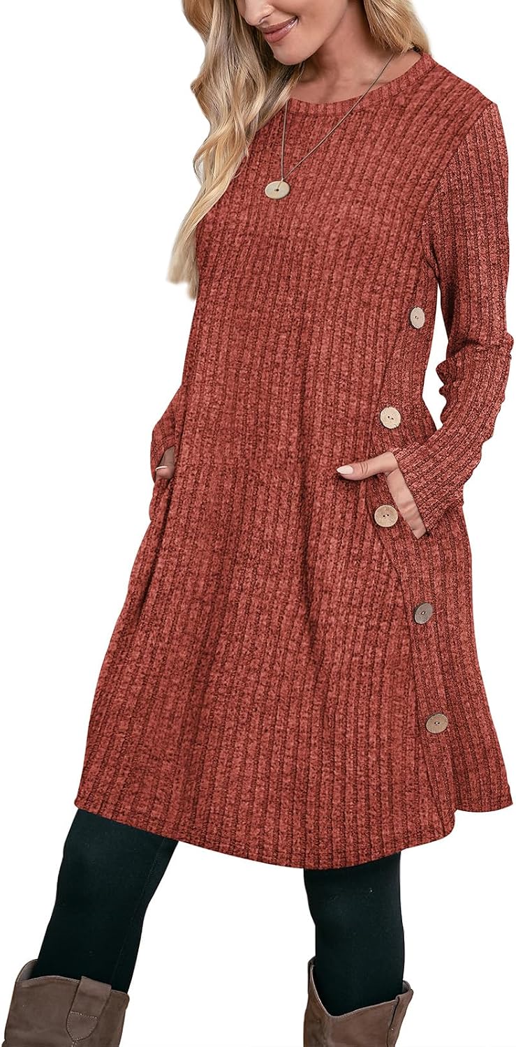 OFEEFAN Fall Dresses for Women 2026 Crew Neck Long Sleeve Dress with Pockets