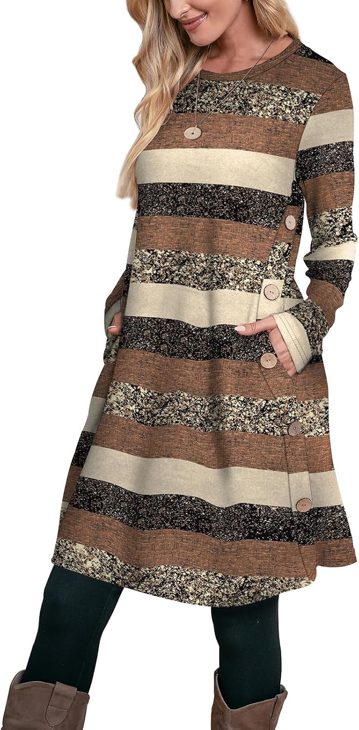 OFEEFAN Fall Dresses for Women 2026 Crew Neck Long Sleeve Dress with Pockets