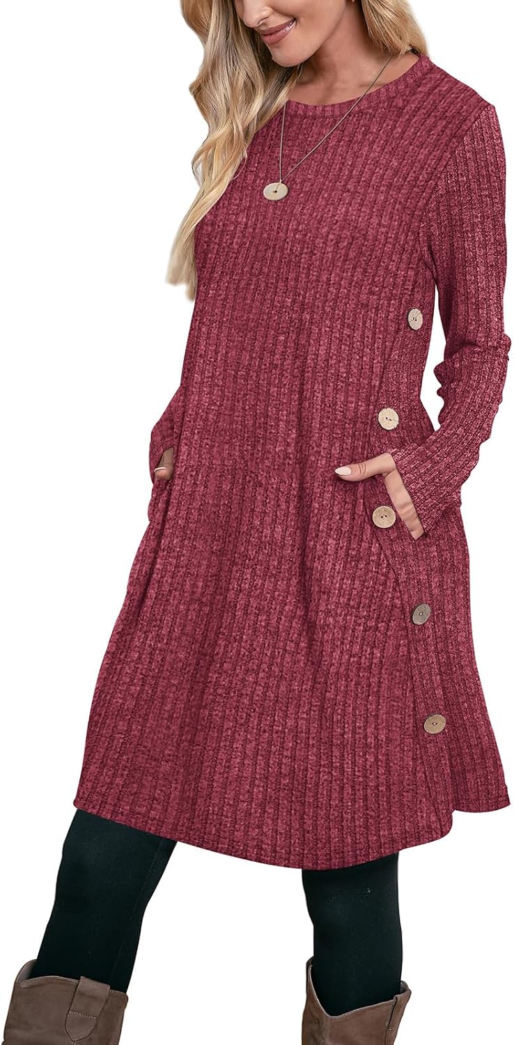 OFEEFAN Fall Dresses for Women 2026 Crew Neck Long Sleeve Dress with Pockets