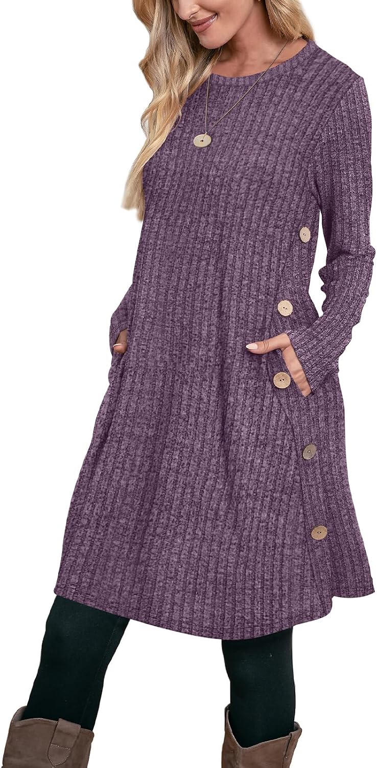 OFEEFAN Fall Dresses for Women 2026 Crew Neck Long Sleeve Dress with Pockets