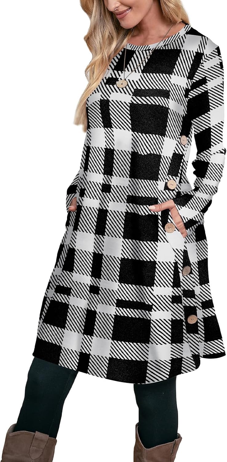 OFEEFAN Fall Dresses for Women 2026 Crew Neck Long Sleeve Dress with Pockets