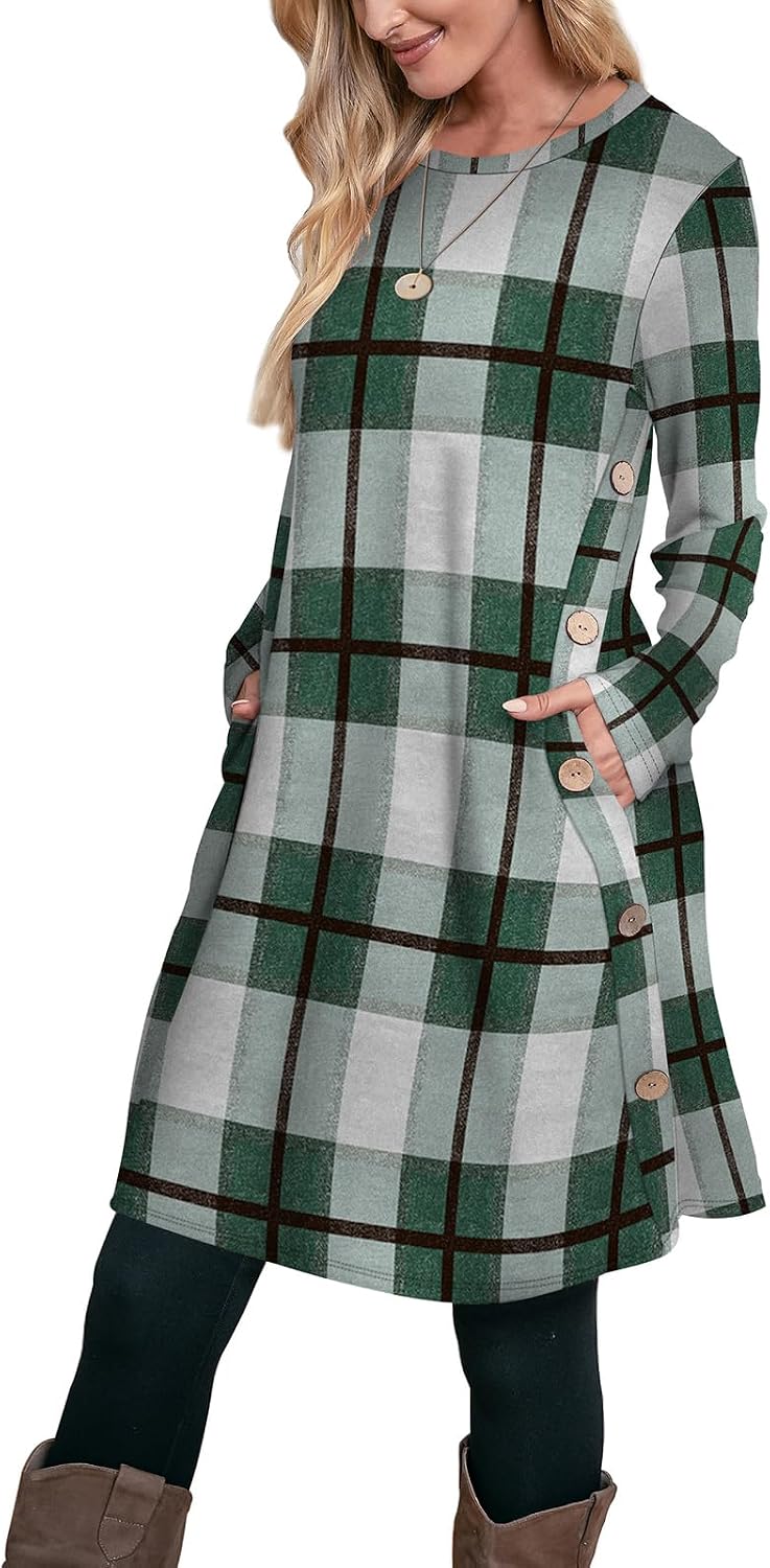 OFEEFAN Fall Dresses for Women 2026 Crew Neck Long Sleeve Dress with Pockets